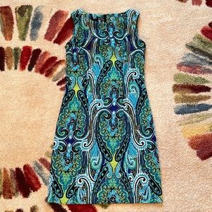 AB Studio Blue, Green, Black, and White paisley sheath dress